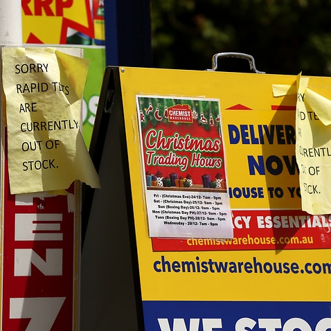 Signs indicating that this chemist is out of Covid-19 rapid antigen tests (RAT) are seen, Brisbane Sunday, January 2, 2022. (AAP Image/Danny Casey) NO ARCHIVING