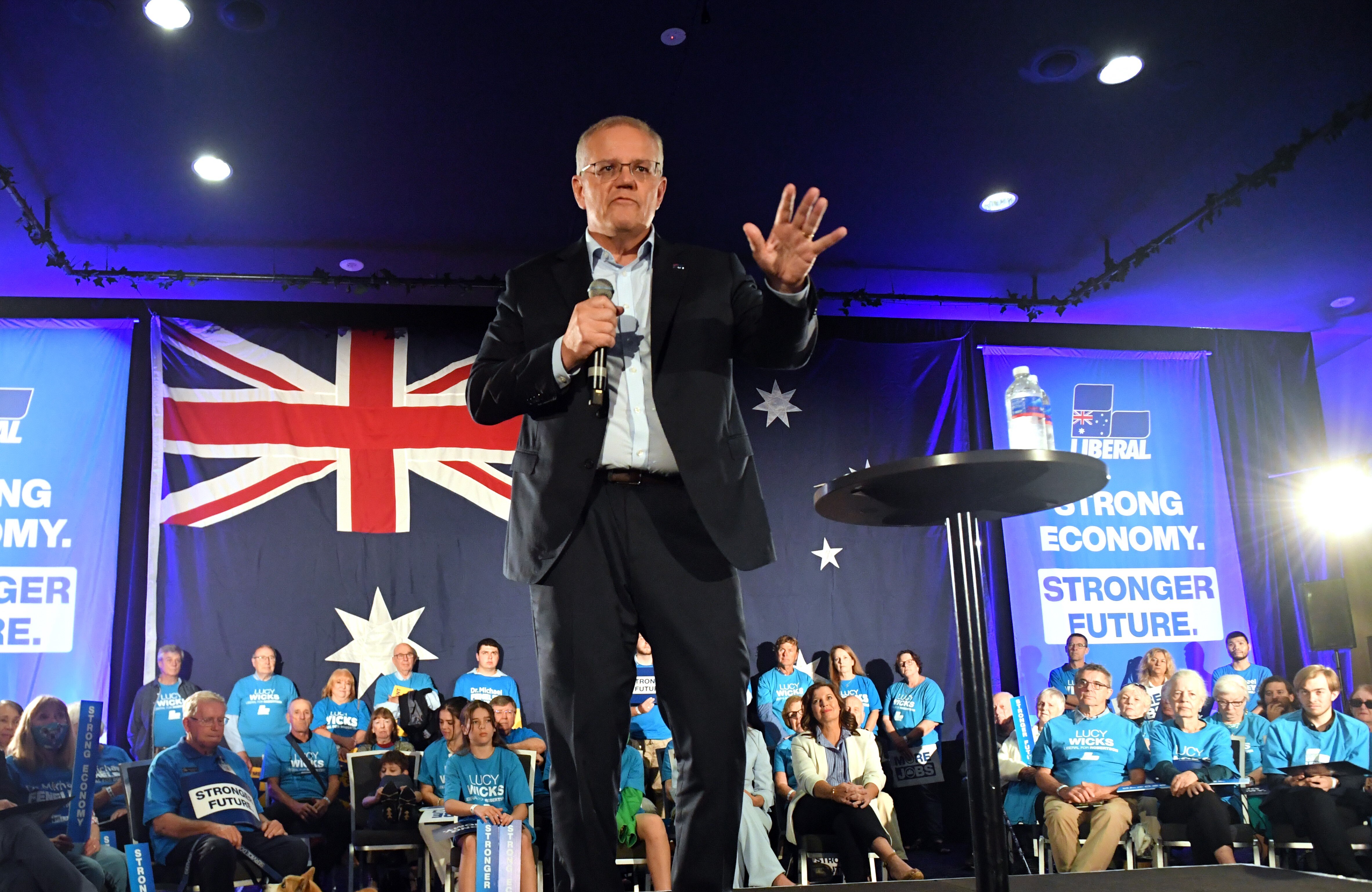 Prime Minister Scott Morrison at a Liberal Party rally on Day 13 of the 2022 federal election campaign, at Tumbi Umbi, on the NSW Central Coast, in the seat of Dobell. Saturday, April 23, 2022. (AAP Image/Mick Tsikas) NO ARCHIVING