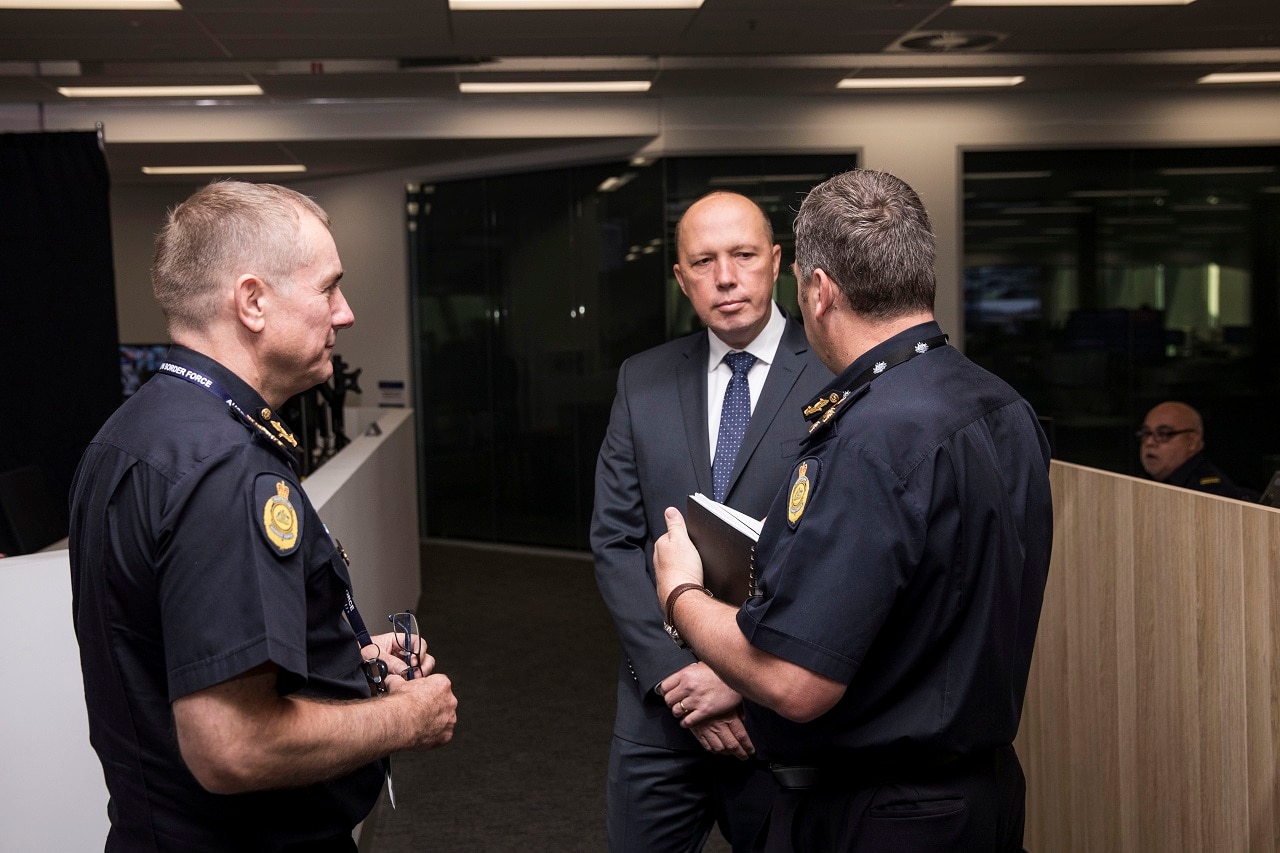 Home Affairs Minister Peter Dutton visits Australian Border Force Headquarters on Tuesday.