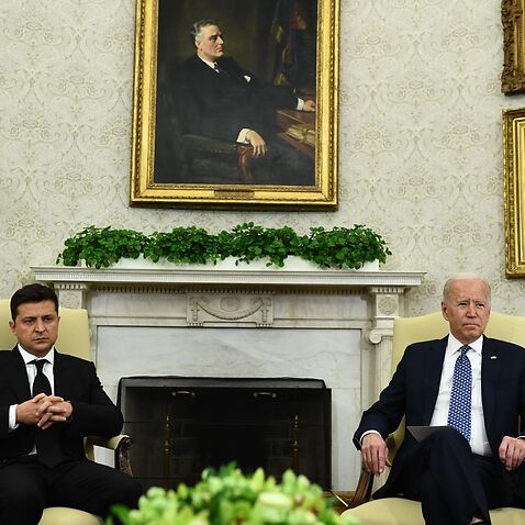 US President Joe Biden (right) meets with Ukraine's President Volodymyr Zelensky in the Oval Office of the White House. 