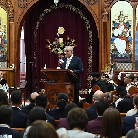 Scott Morrison speaks during at St Mark Coptic Orthodox Church.