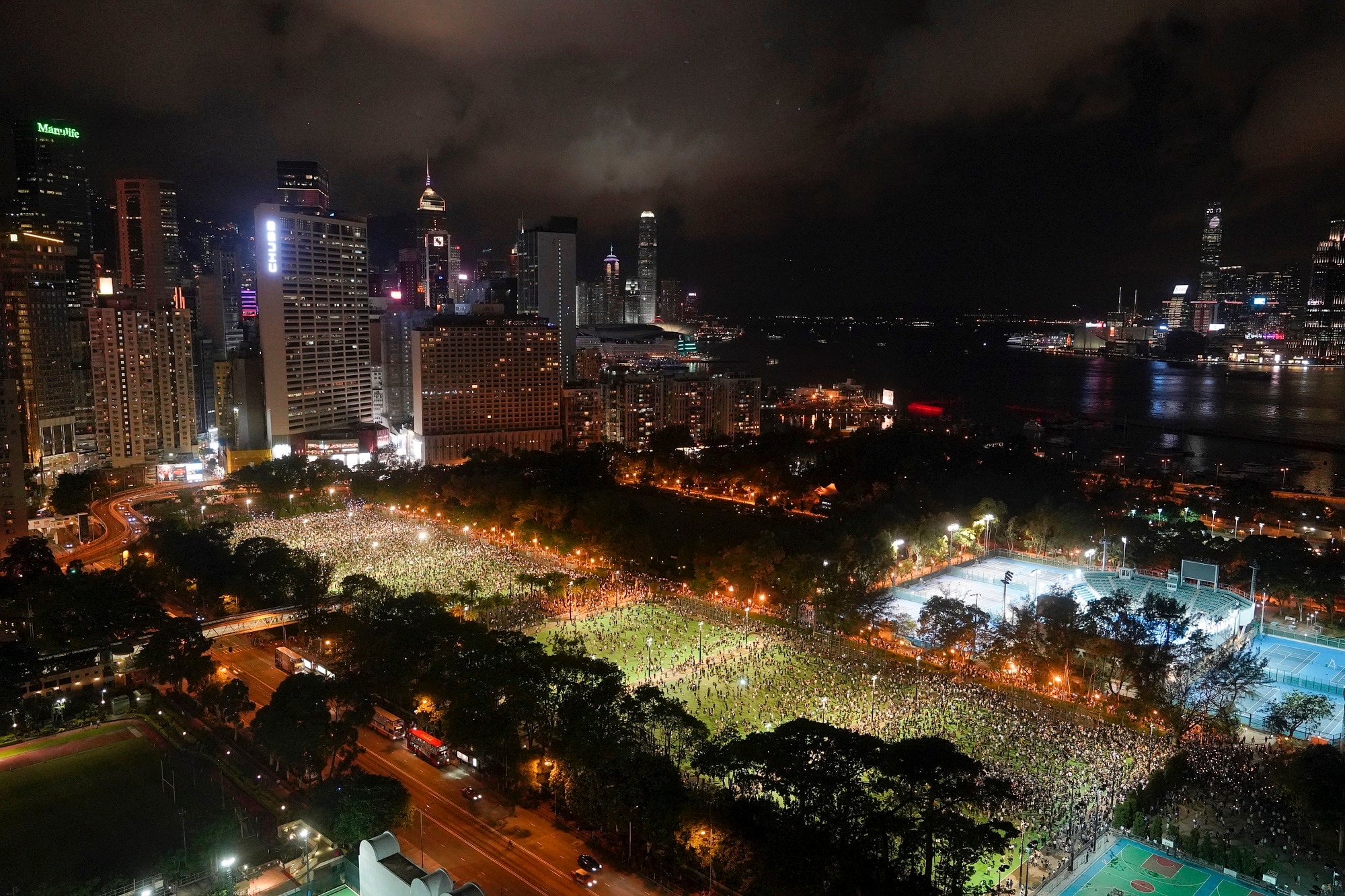 Supporters gather for a vigil for the victims of the 1989 Tiananmen Square Massacre at Victoria Park in Causeway Bay, Hong Kong in 2020.