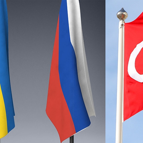 Ukrain, Russia, Turkish flags