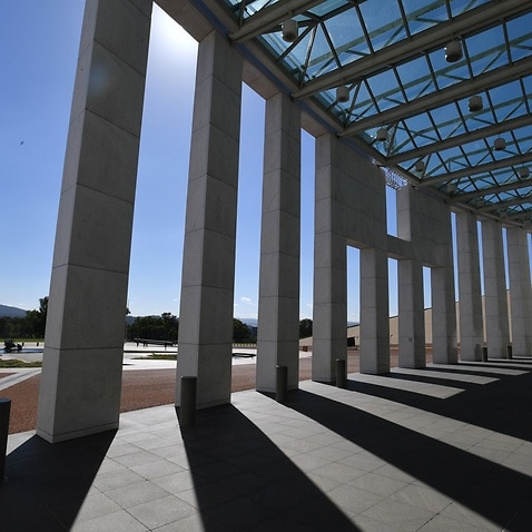 The front entrance of Parliament House in Canberra, Thursday, March 4, 2021. (AAP Image/Mick Tsikas) NO ARCHIVING