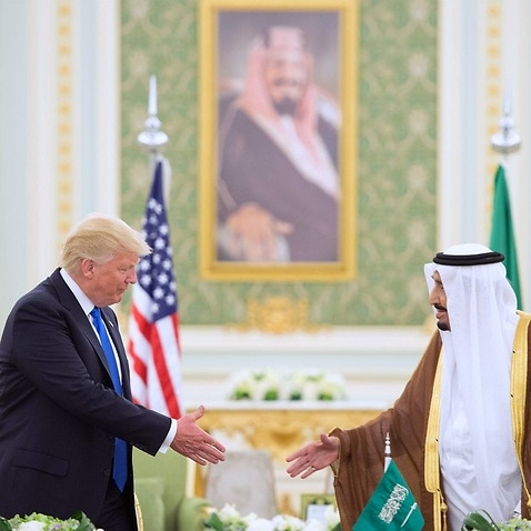 President Donald Trump and Saudi Arabia's King Salman bin Abdulaziz al-Saud shake hands at a signing ceremony at the Saudi Royal Court.