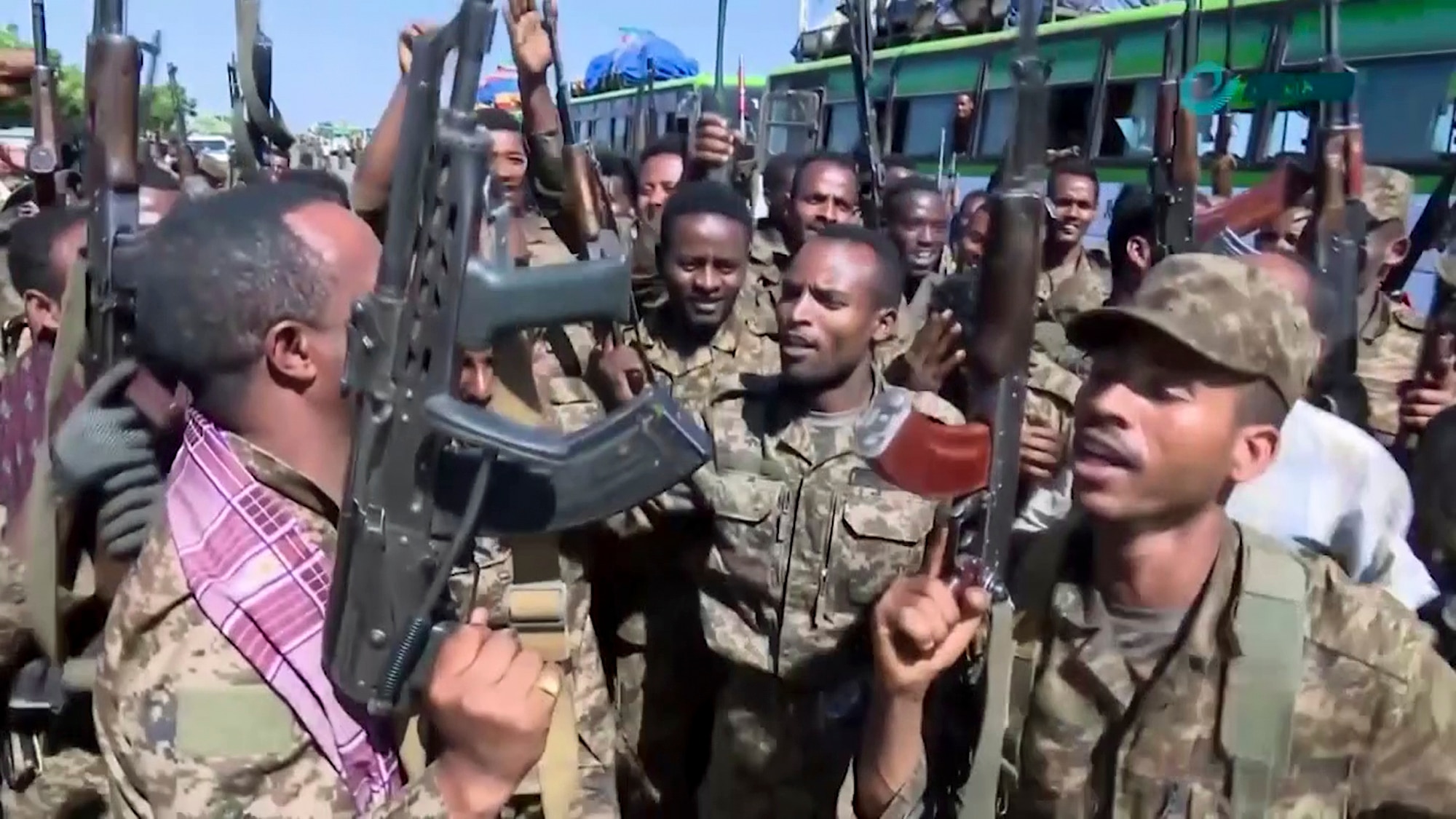 A video released by the state-owned Ethiopian News Agency shows military cheering and dancing near the border of the Tigray and Amhara regions 