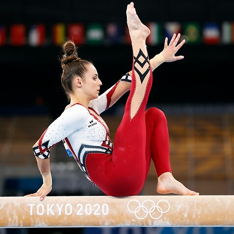 Pauline Schaefer-Betz of Germany competes on the Balance Beam during the Women's Qualification of the Tokyo 2020 Olympic Games Artistic Gymnastics events at the Ariake Gymnastics Centre in Tokyo, Japan, 25 July 2021. EPA/HOW HWEE YOUNG