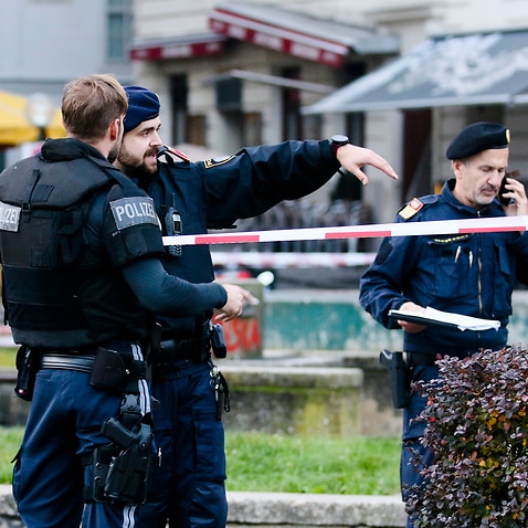 Armed police stay in position at the scene in Vienna, Austria, Tuesday, Nov. 3, 2020