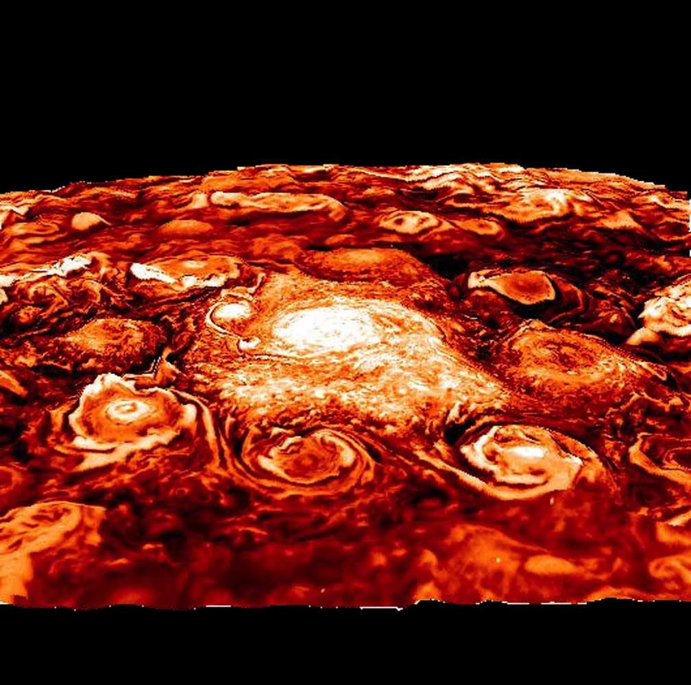 This computer-generated image is based on an infrared image of Jupiter’s north polar region.