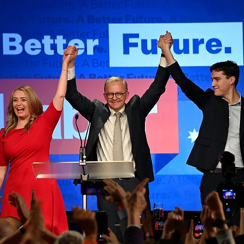 Anthony Albanese celebrates with his partner Jodie Haydon and son Nathan Albanese after after winning the 2022Leader Anthony Albanese celebrates with his partner Jodie Haydon and son Nathan Albanese after after winning the 2022 Federal Election