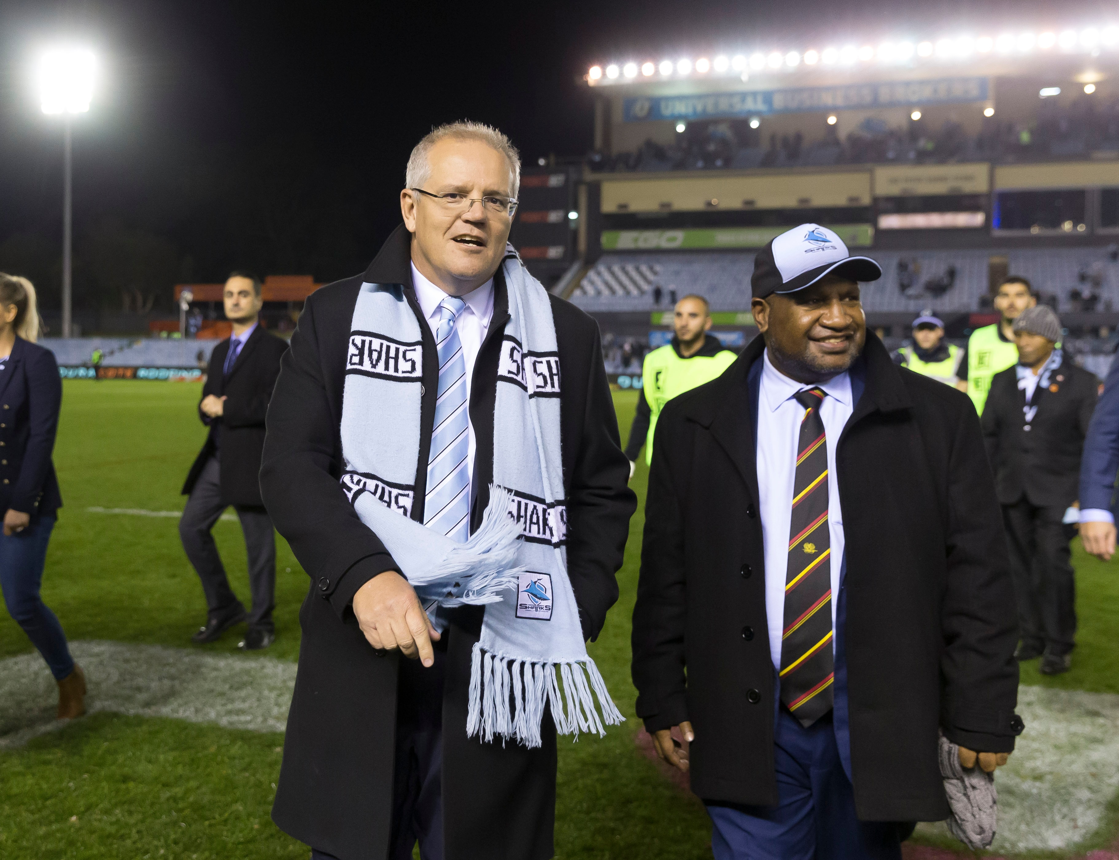 Prime Minister Scott Morrison with Papua New Guinea Prime Minister James Marape on Thursday night. 