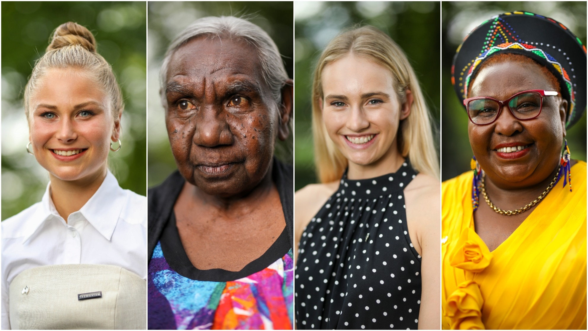 The 2021 Australian of the Year recipients: From left: Grace Tame, Dr Miriam-Rose Ungunmerr Baumann AM, Isobel Marshall, Rosemary Kariuki. 