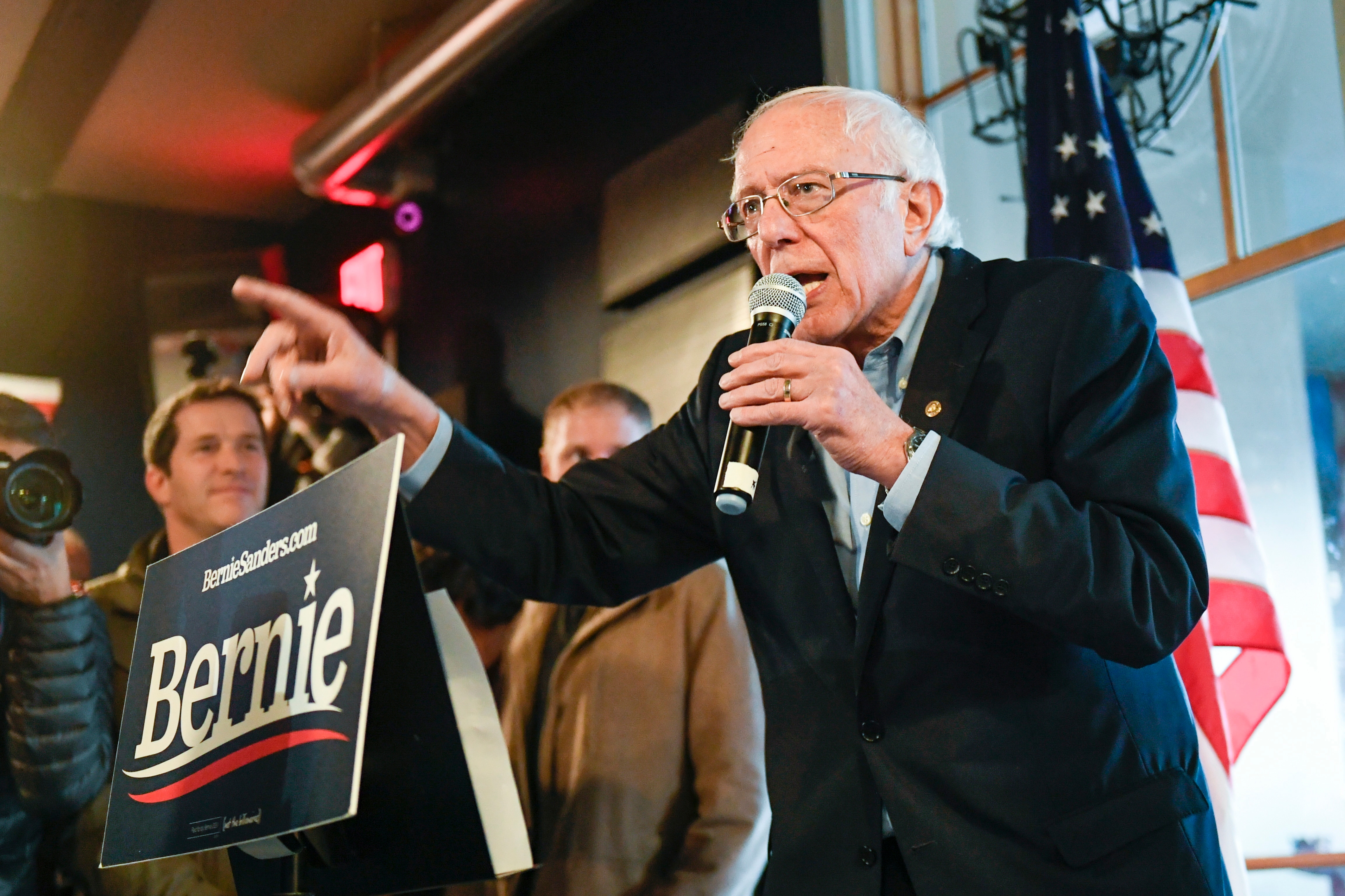 US Senator from Vermont Bernie Sanders addresses supporters during in Des Moines, Iowa. US Senator from Vermont Bernie Sanders addresses supporters during the Big Game Watch Party at Ingersoll Tap, a bar in Des Moines, Iowa.