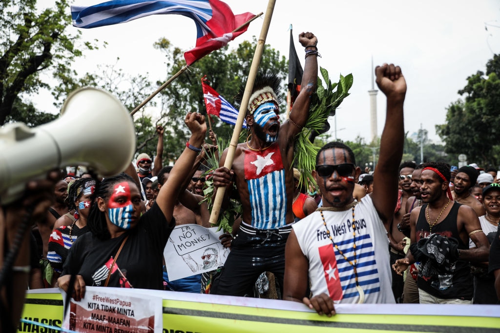 Papuan students shout slogans during a rally in Jakarta, Indonesia, on 28 August, 2019. 