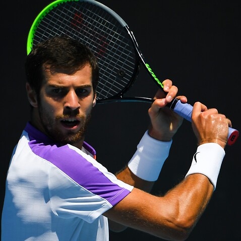 Karen Khachanov of Russia in action during his first Round Men's singles match against Aleksandar Vukic of Australia on Day 2 of the Australian Open at Melbourne Park in Melbourne, Tuesday, February 9, 2021. 