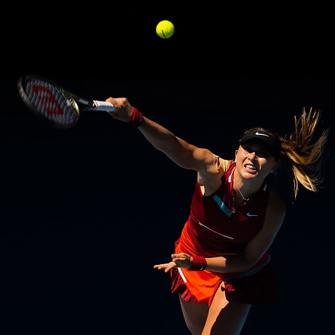 Paula Badosa of Spain in action against Madison Keys of the United States during the fourth round at the 2022 Australian Open. 
