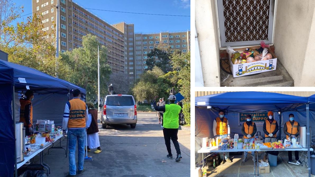 Sikh volunteer serving free food and drinks near a public housing tower at Flemington.