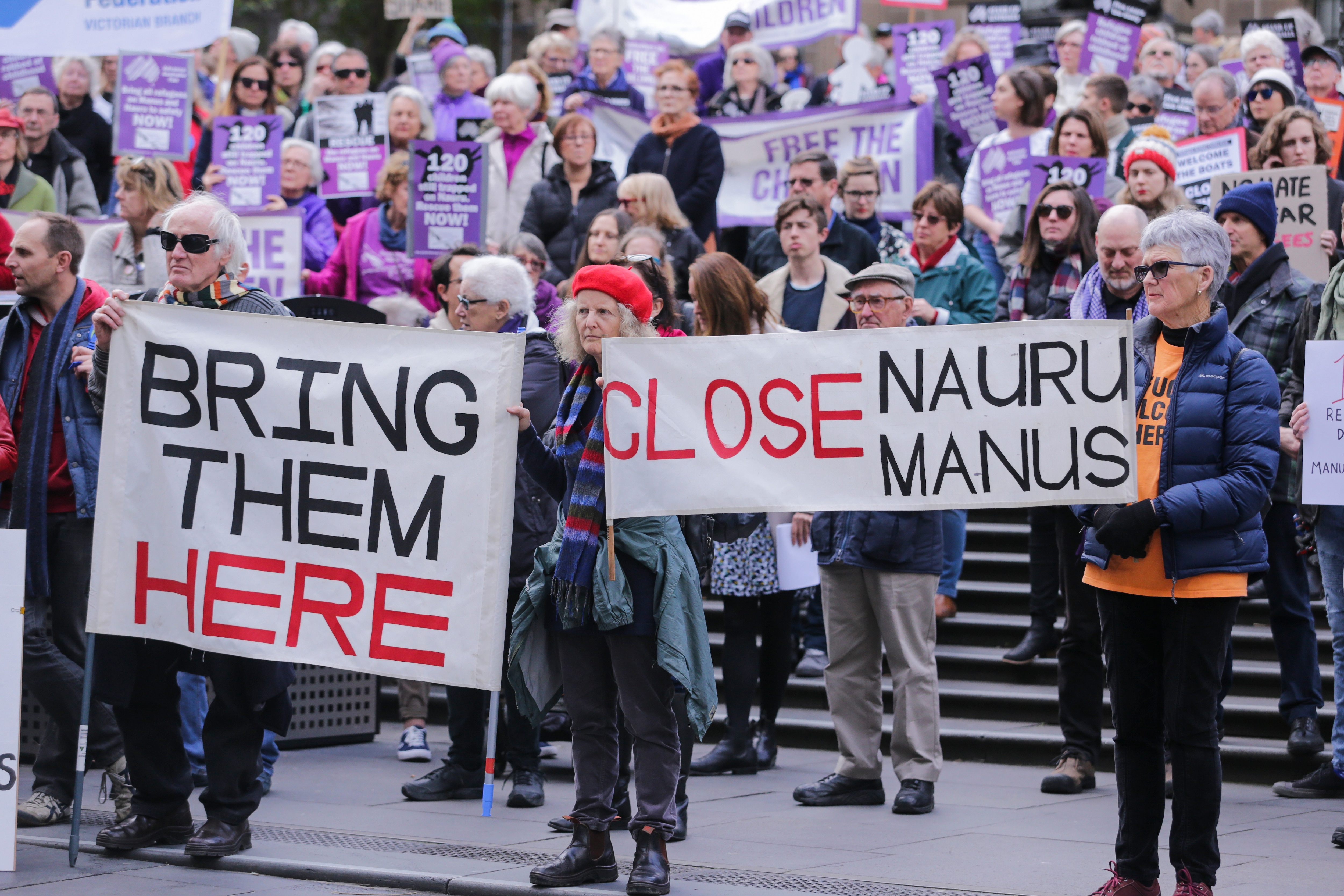 Protesters are seen during a Grandmothers Against Detention of Refugee Children rally in Melbourne