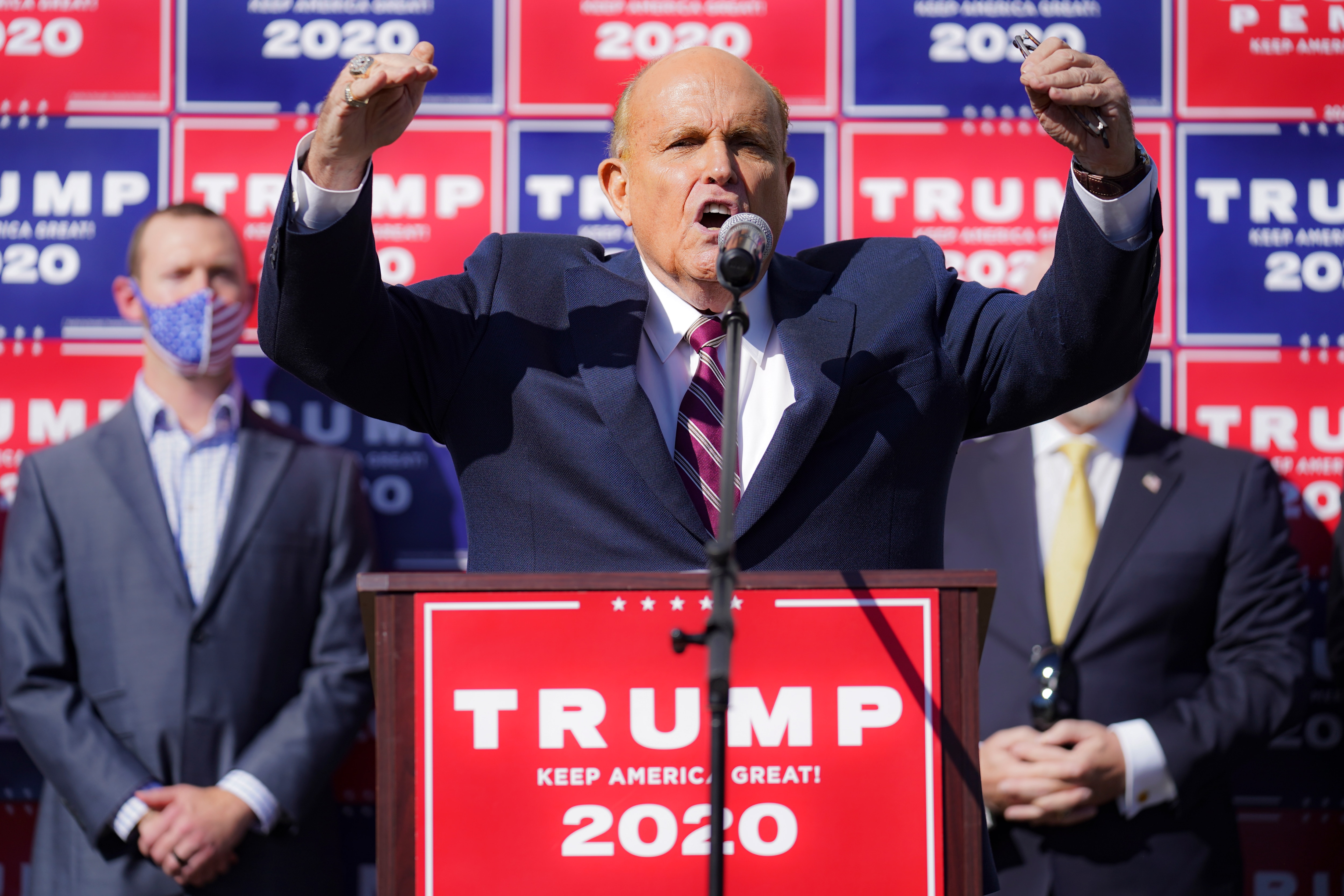 Former New York mayor Rudy Giuliani, a lawyer for President Donald Trump, speaks during a news conference on legal challenges to vote counting in Pennsylvania.