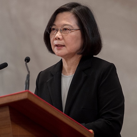 Taiwan President Tsai Ing-wen holding a news conference in reaction to Chinese President Xi Jinping's speech in Taipei.