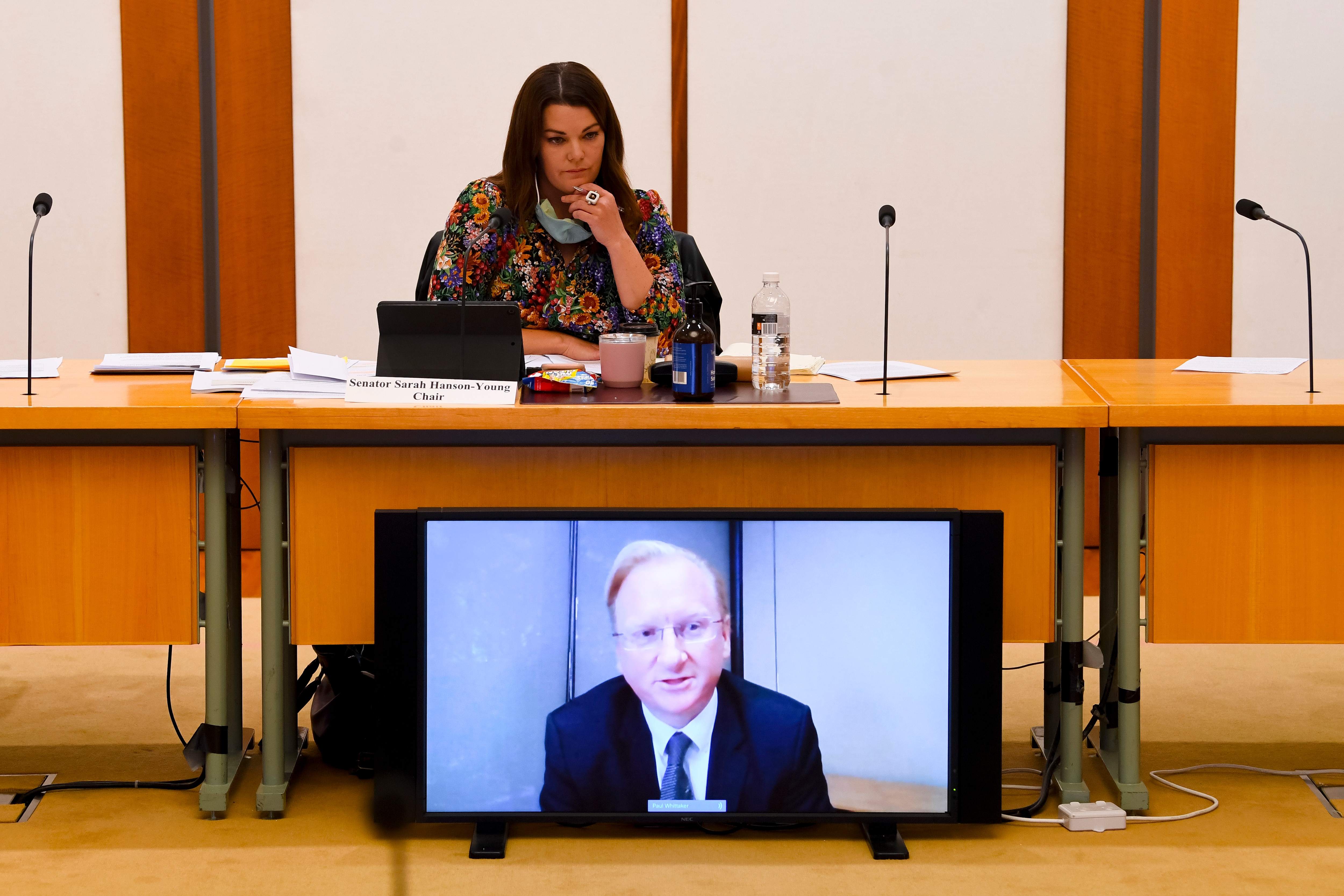 Australian Greens Senator Sarah Hanson-Young speaks to Sky News Australia CEO Paul Whittaker during a Senate inquiry at Parliament House in September 06, 2021. 