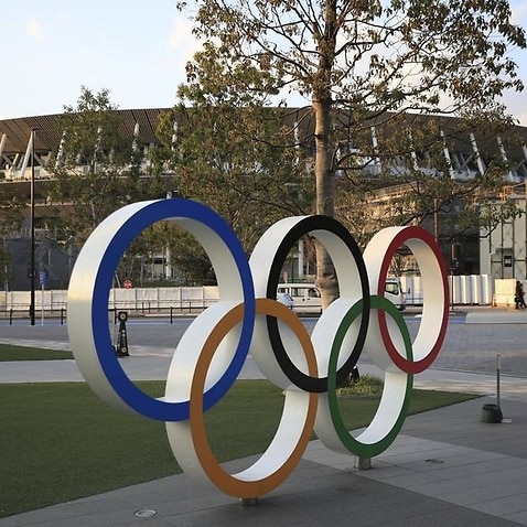The Olympic Rings at the National Stadium Tokyo.