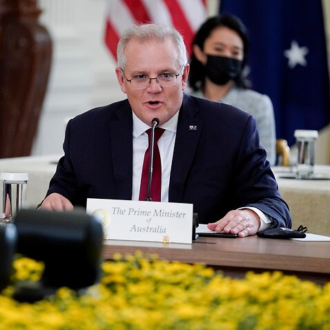 Australian Prime Minister Scott Morrison speaks during the Quad summit at the White House.  