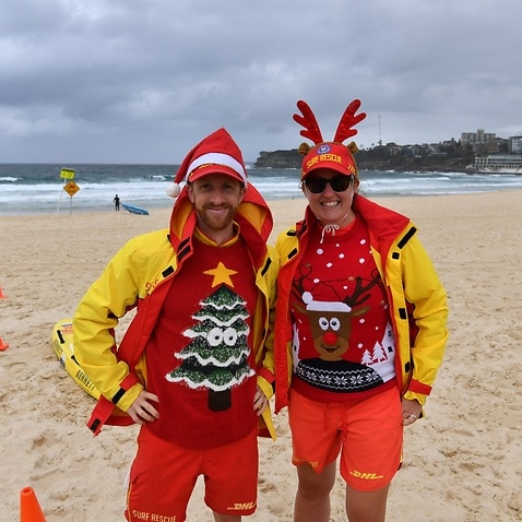 Surf lifesavers on Bondi Beach in Sydney on Christmas Day.