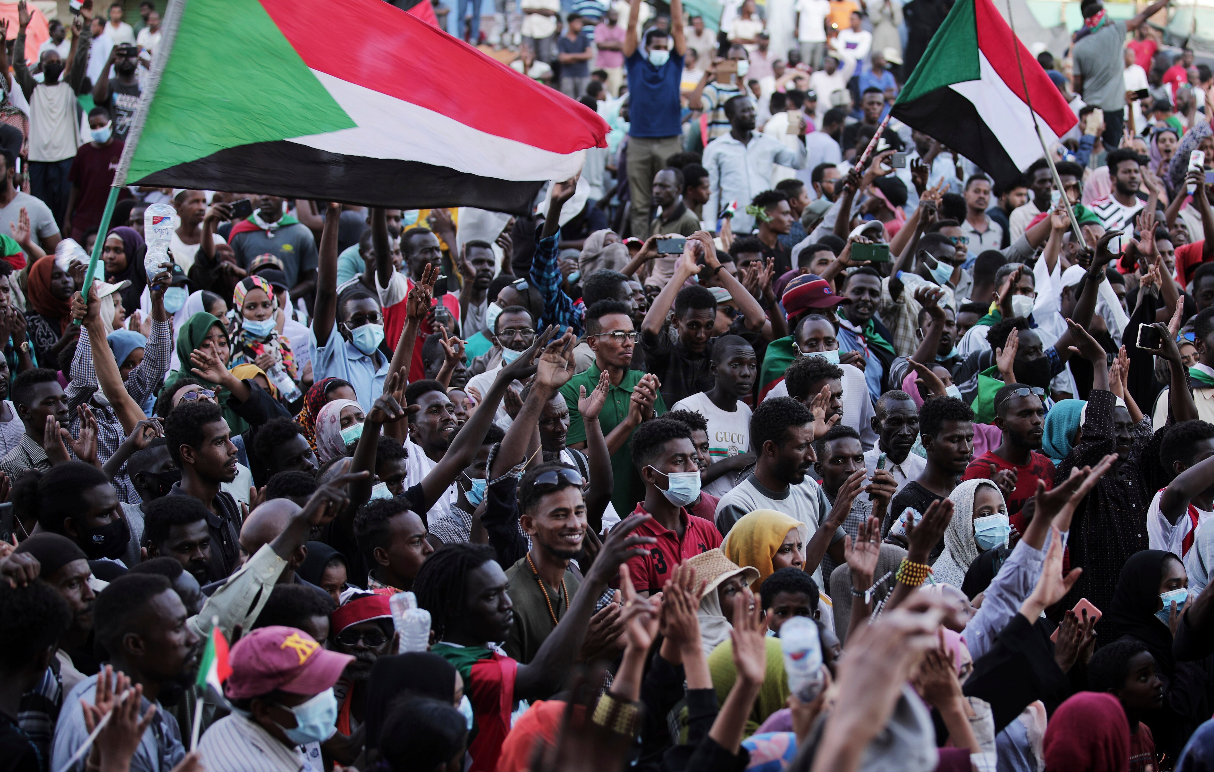 People chant slogans during a protest in Khartoum, Sudan, on Saturday, 30 October, 2021.