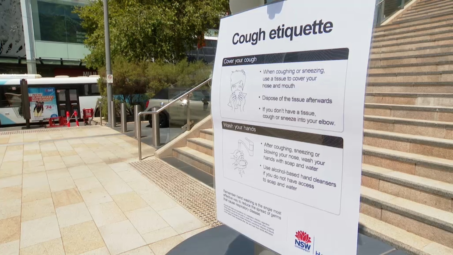 A sign in Chatswood, Sydney reminds people of cough etiquette.