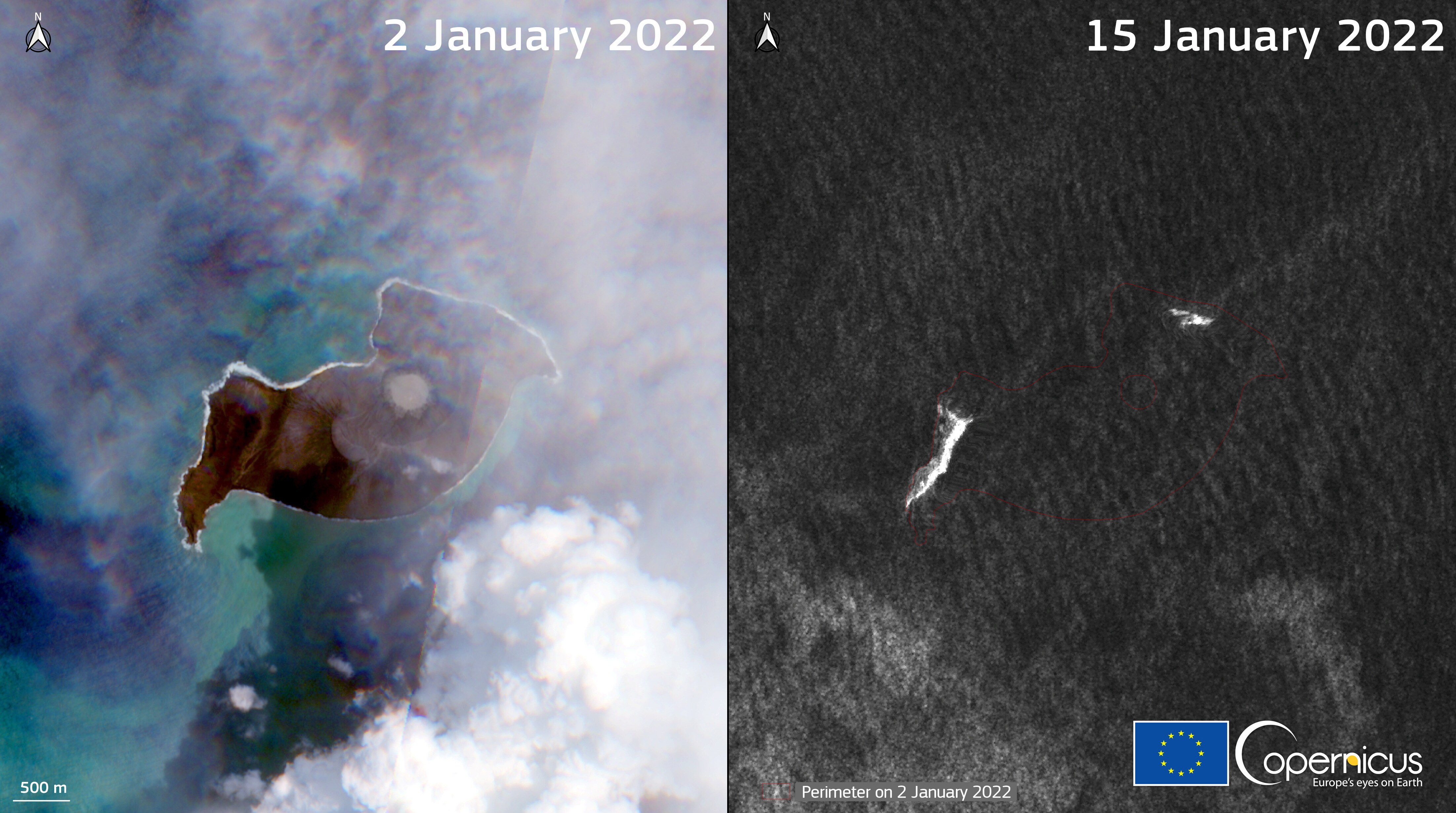 Un'immagine composita dal satellite Hunga Tonga-Hunga Ha'apai mostra il vulcano sottomarino prima e dopo la sua eruzione.