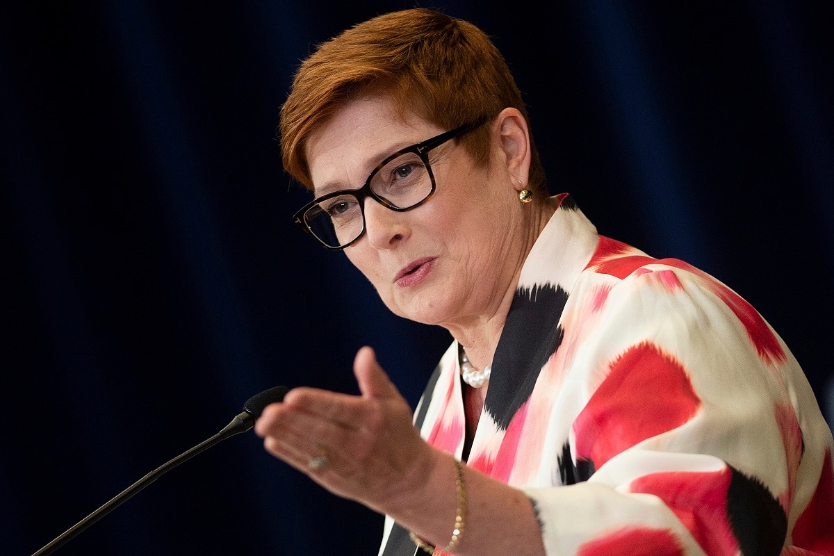 Foreign Minister Marise Payne speaks a news conference at the State Department Tuesday, July 28, 2020, in Washington. 