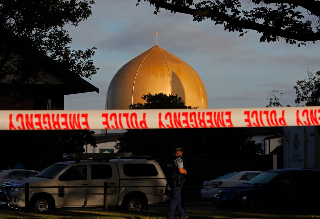 A police officer stands guard in front of the Masjid Al Noor mosque. A police officer stands guard in front of the Masjid Al Noor mosque in Christchurch, New Zealand, Sunday, March 17, 2019