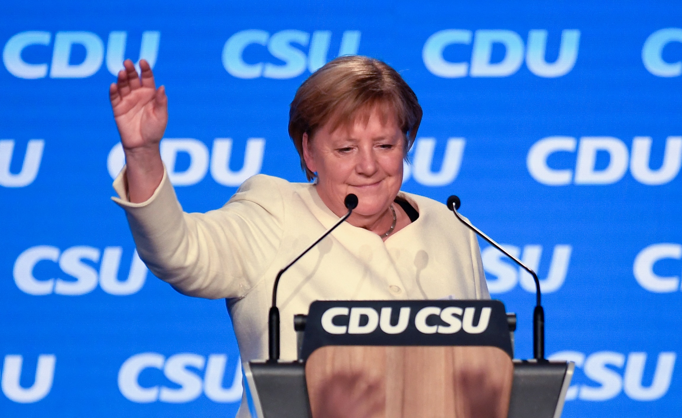 Angela Merkel addresses the last rally of the CDU and its sister party the CSU in Munich last month.