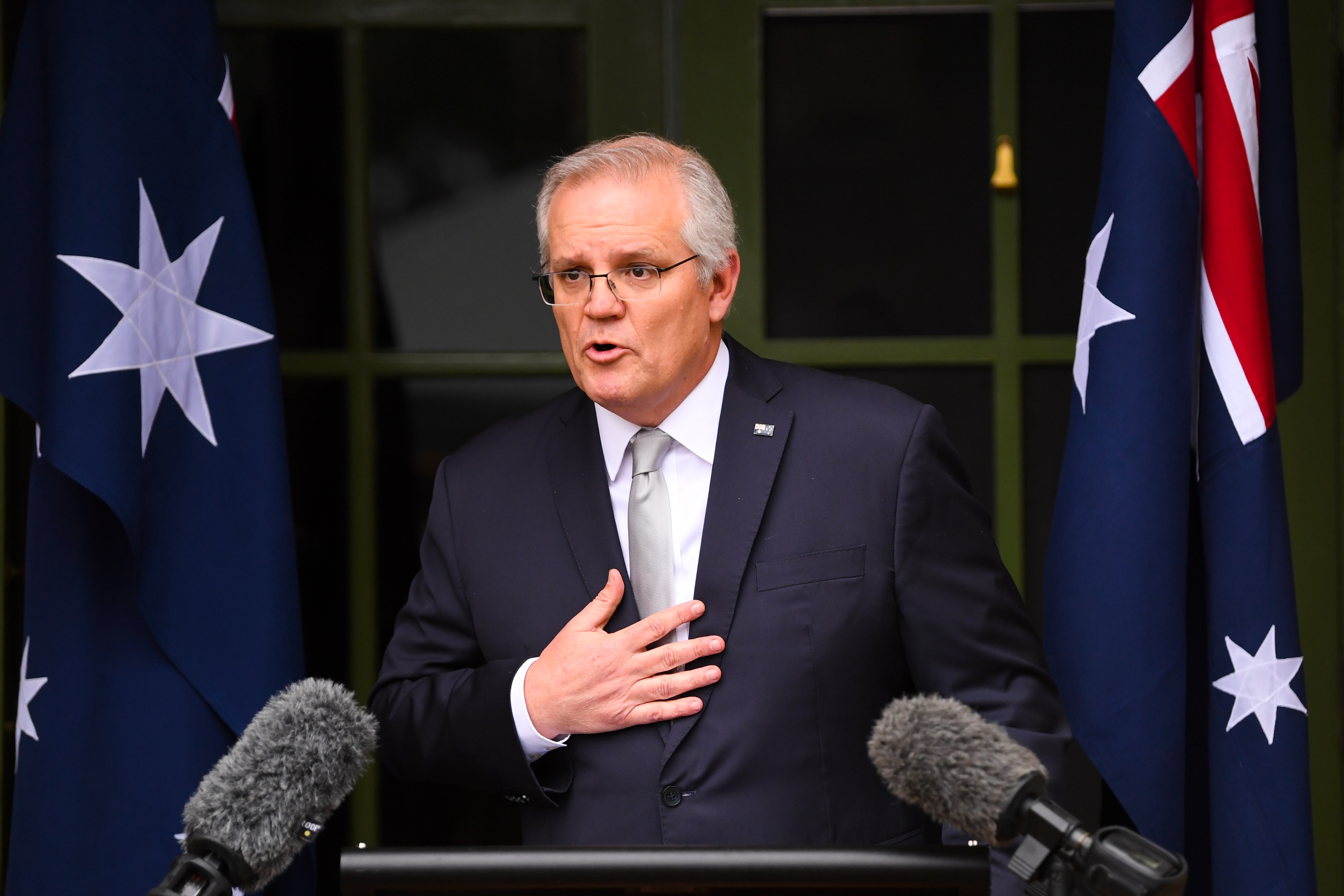 Prime Minister Scott Morrison speaks to the media during a press conference at the Lodge in Canberra.