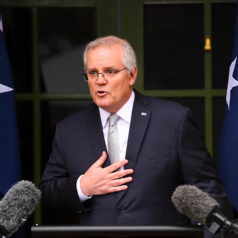 Prime Minister Scott Morrison speaks to the media during a press conference at the Lodge in Canberra.