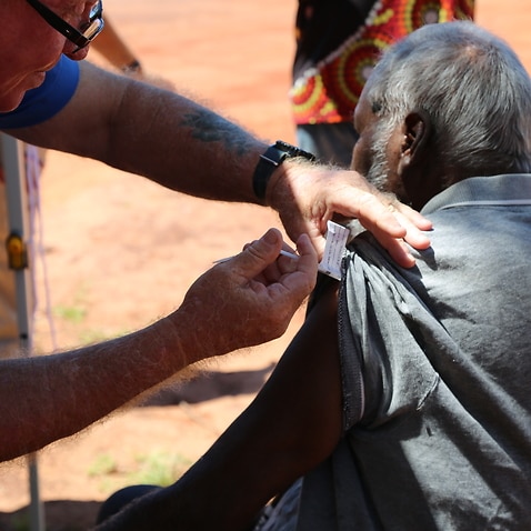 A supplied image of Beagle Bay community member receiving a coronavirus vaccine in the remote Aboriginal community of Beagle Bay in the Kimberley region, WA. 