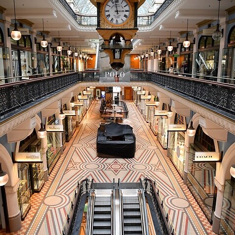 The Queen Victoria Building is seen in Sydney, Wednesday, April 1, 2020. Most of the shops in the usually busy cbd shopping centre are closed due to the coronavirus pandemic. (AAP Image/Dan Himbrechts) NO ARCHIVING