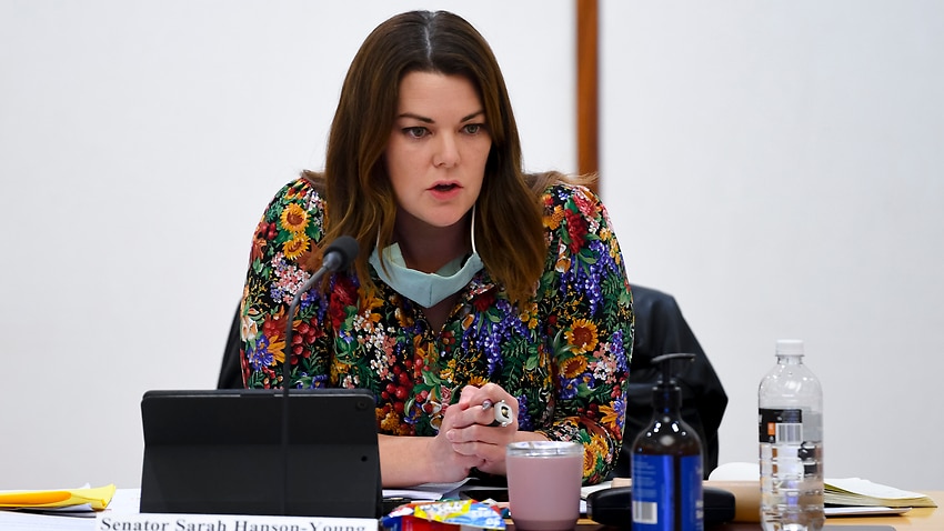 Australian Greens Senator Sarah Hanson-Young speaks during a Senate inquiry at Parliament House in Canberra, Monday, September 06, 2021. (AAP Image/Lukas Coch) NO ARCHIVING
