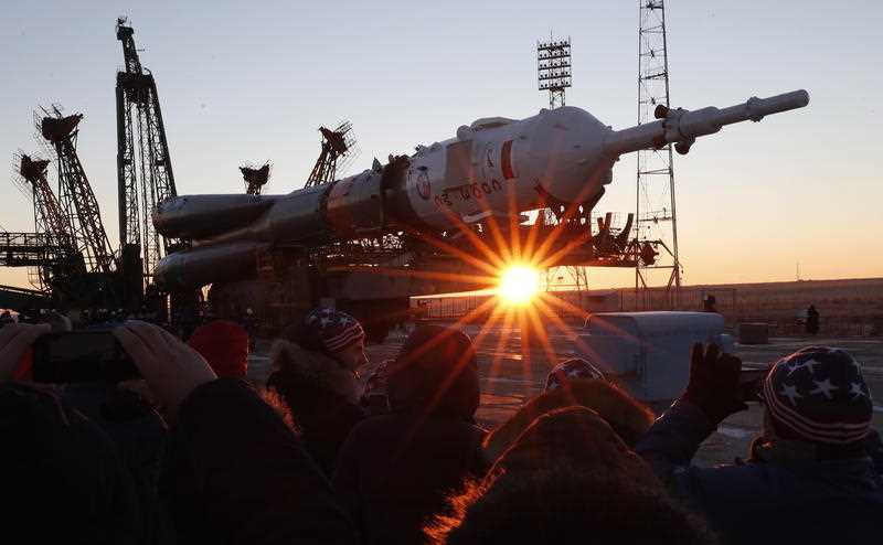 The Soyuz booster rocket FG is installed with the Soyuz MS-11 spacecraft in Baikonur Cosmodrome, Kazakhstan.