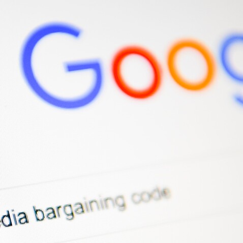 ‘News Media Bargaining Code’ is written inside a Google search bar on a computer screen at Parliament House in Canberra, Thursday, February 4, 2021. 