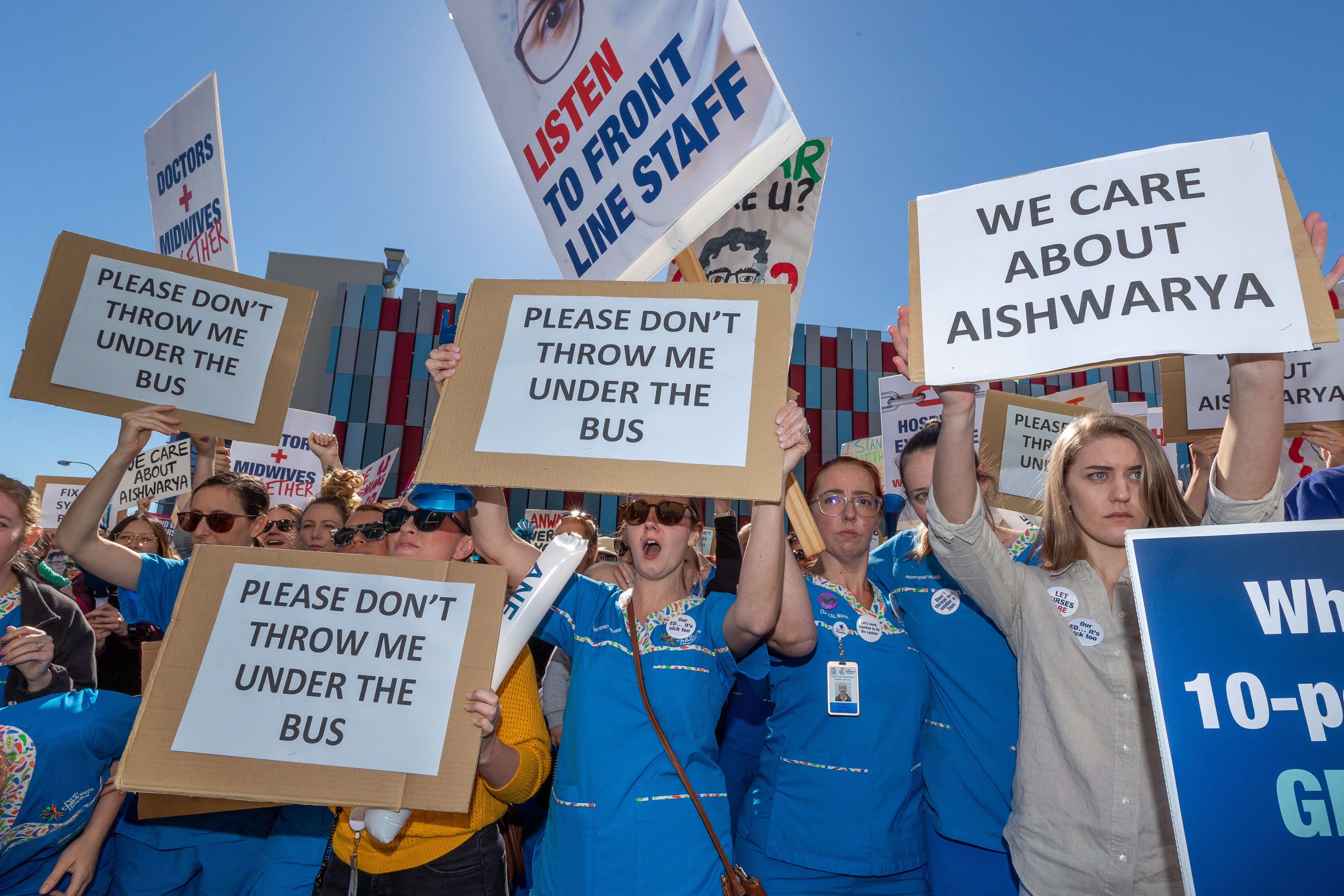 Medical staff rally outside Perth Children's Hospital to protest against the state government's handling of the death of Aishwarya Aswath.