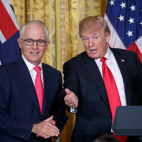  US President Donald J. Trump (R) and Prime Minister of Australia Malcolm Turnbull (L) walk from the stage following a joint press conference on Feb 23