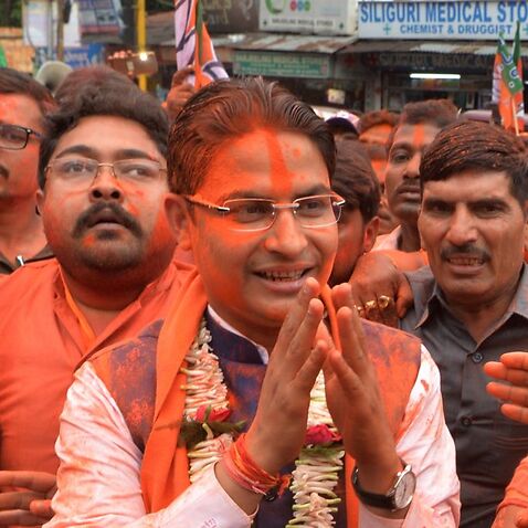 Bharatiya Janata Party (BJP) candidate Raju Bista  during a victory rally as they celebrate the win in India's general election.