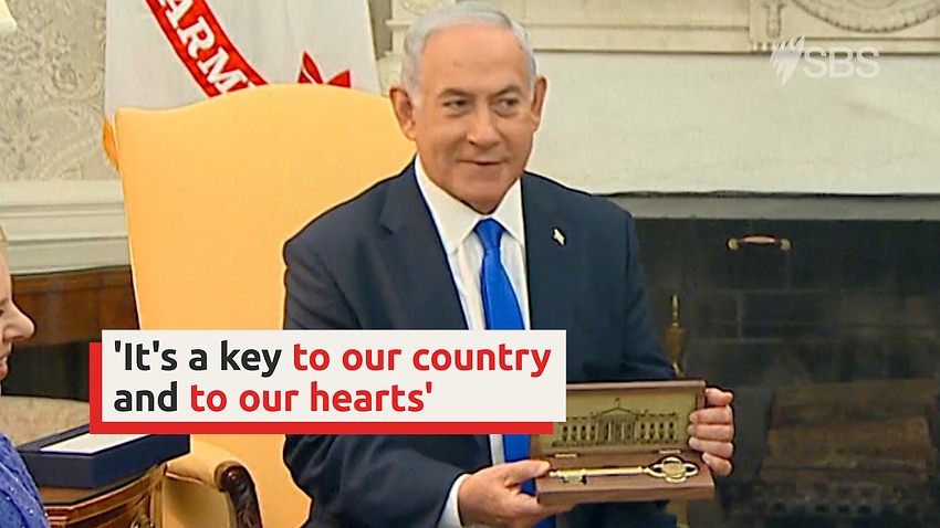 Image for read more article 'Donald Trump presents Benjamin Netanyahu with key to White House'