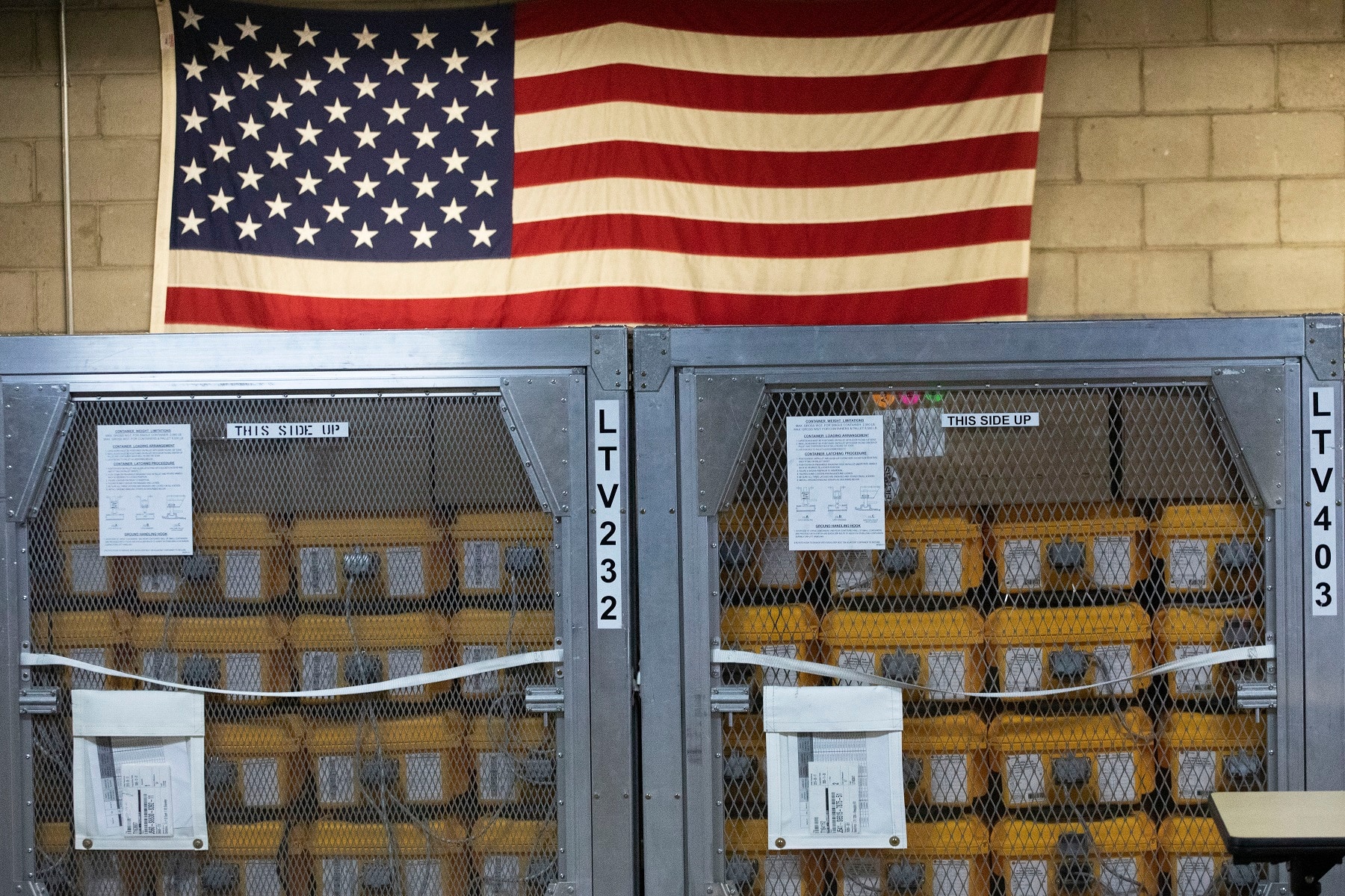 Cages of ventilators at the New York City Emergency Management Warehouse on 24 March 2020.