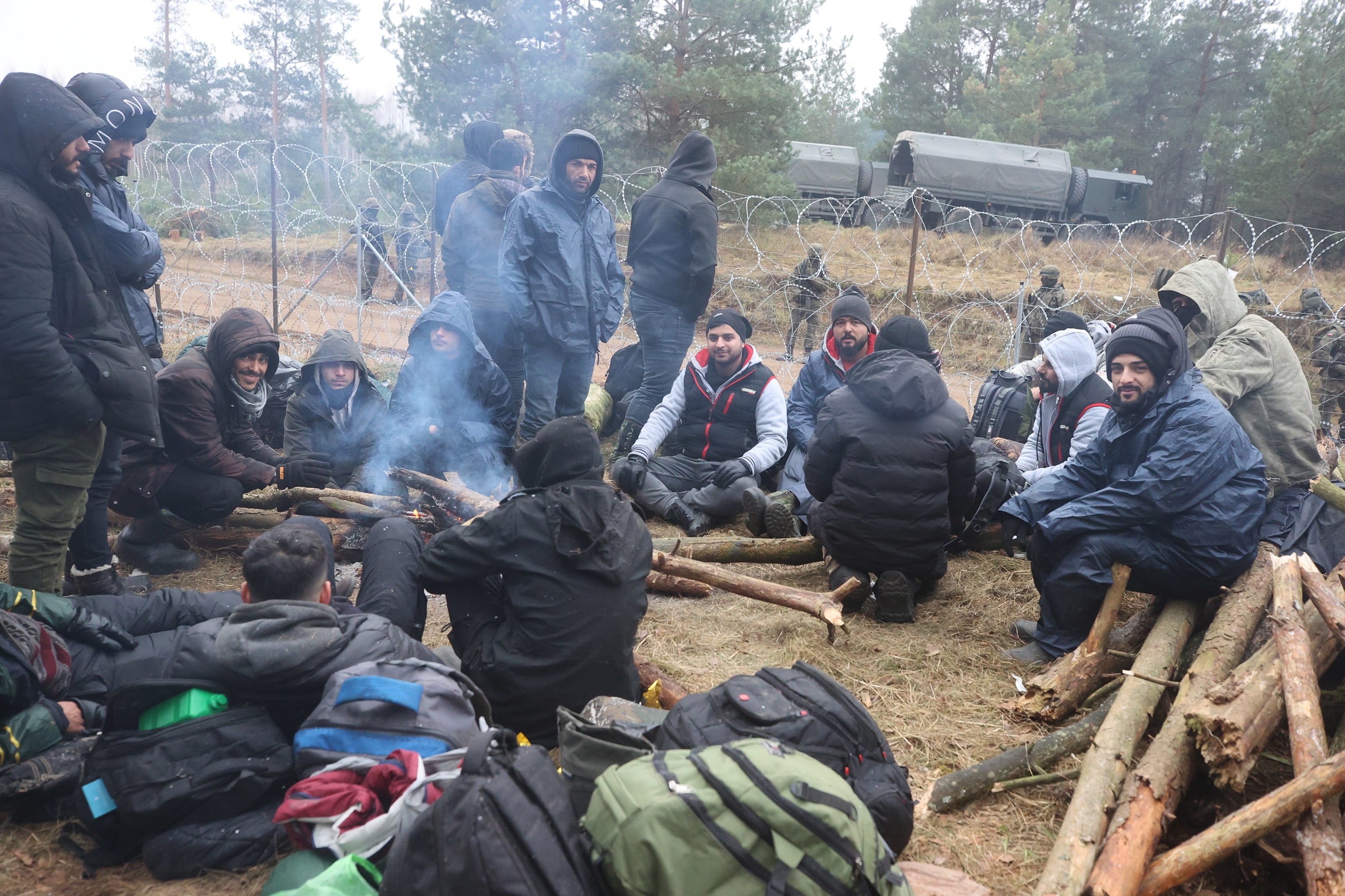 Migrants in their camp on the Belarusian-Polish border in Grodno, Belarus