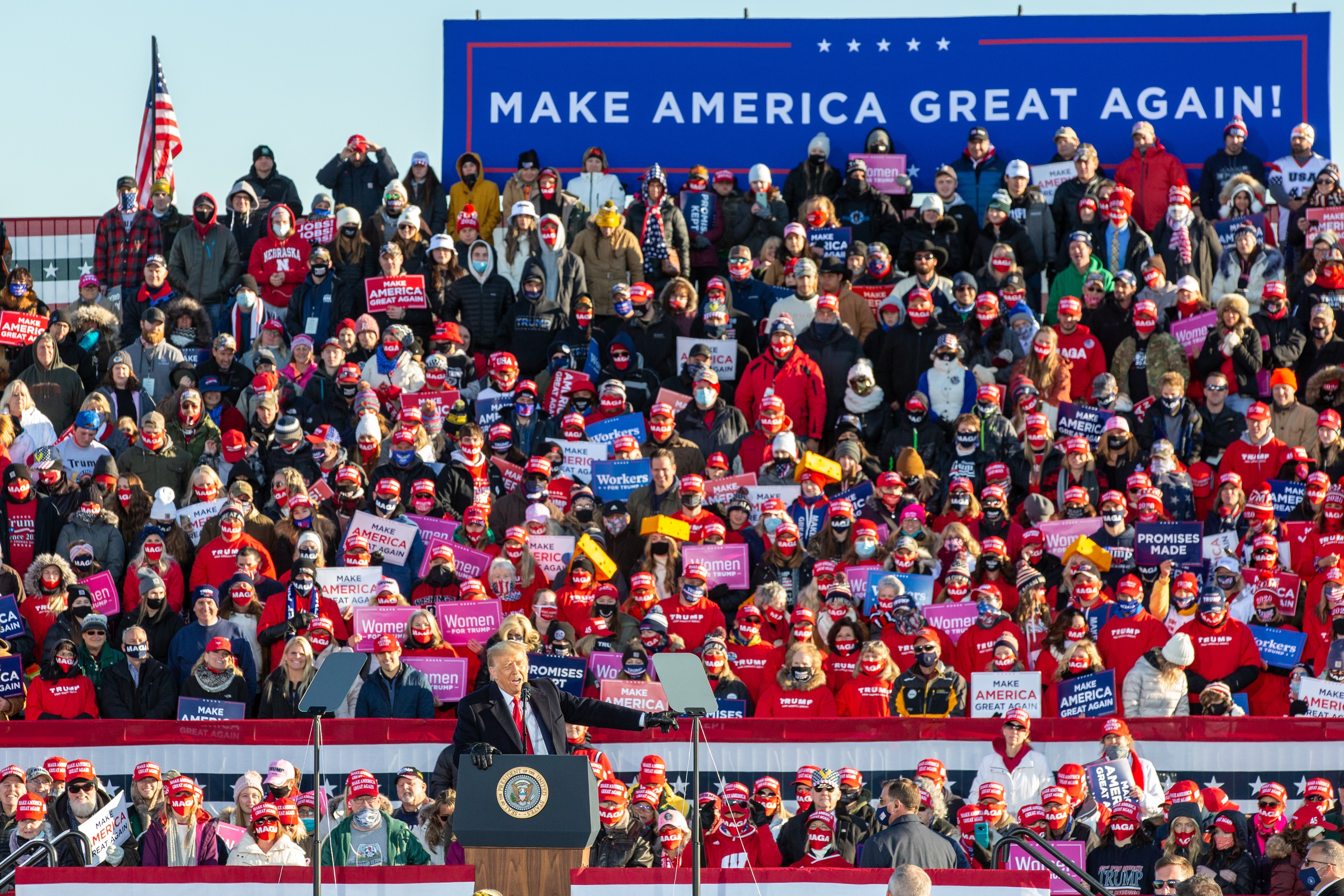 President Donald Trump campaigns at a Make America Great Again rally on 30 October in Green Bay, Wisconsin.