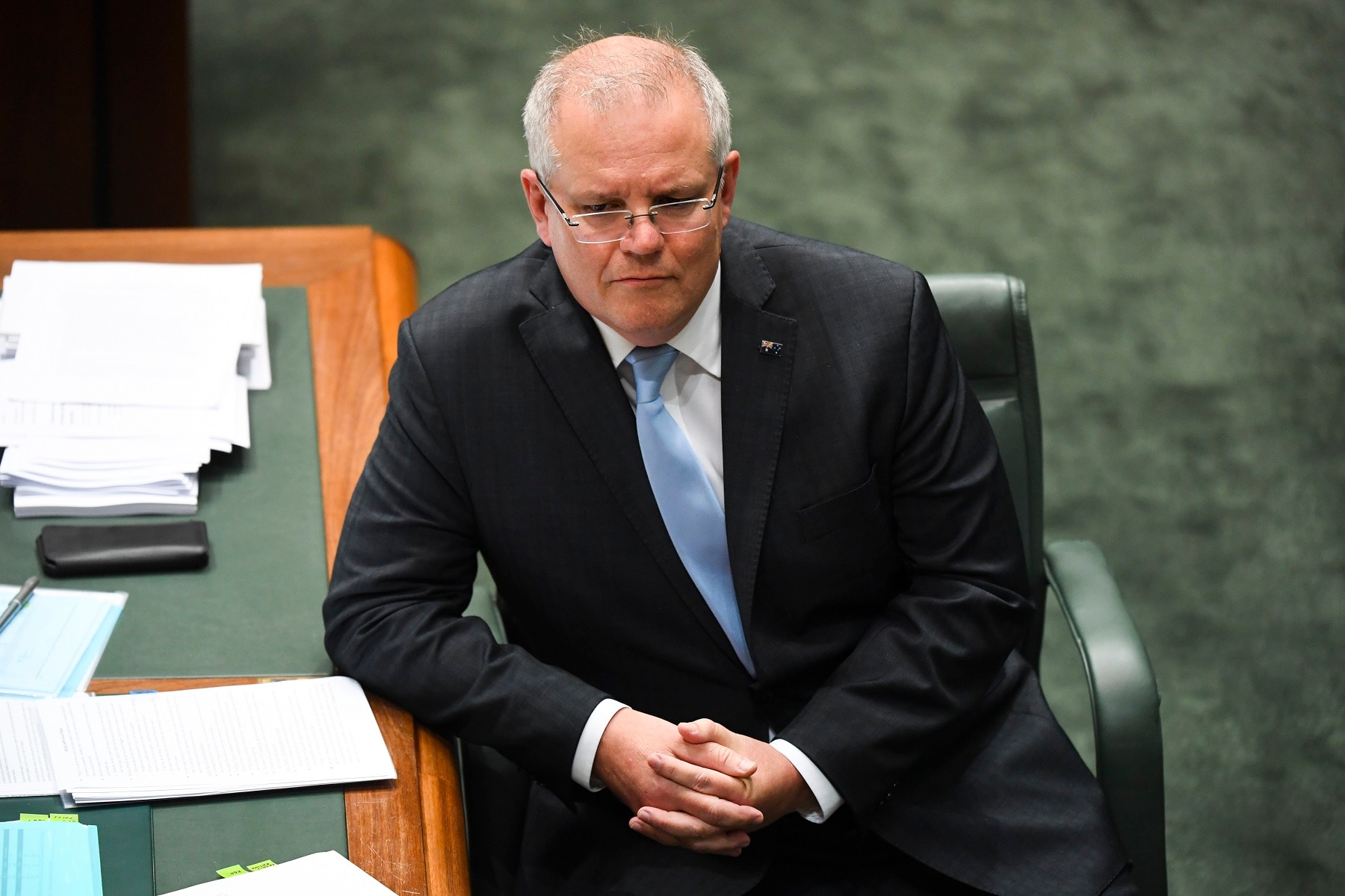 Australian Prime Minister Scott Morrison reacts during House of Representatives Question Time at Parliament House in Canberra, Wednesday, April 8, 2020. (AAP Image/Lukas Coch) NO ARCHIVING
