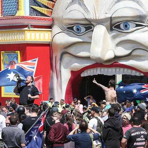 Image: Far-right activists protest in front of Luna park in St Kilda on Saturday, January 5 2019 by AAP